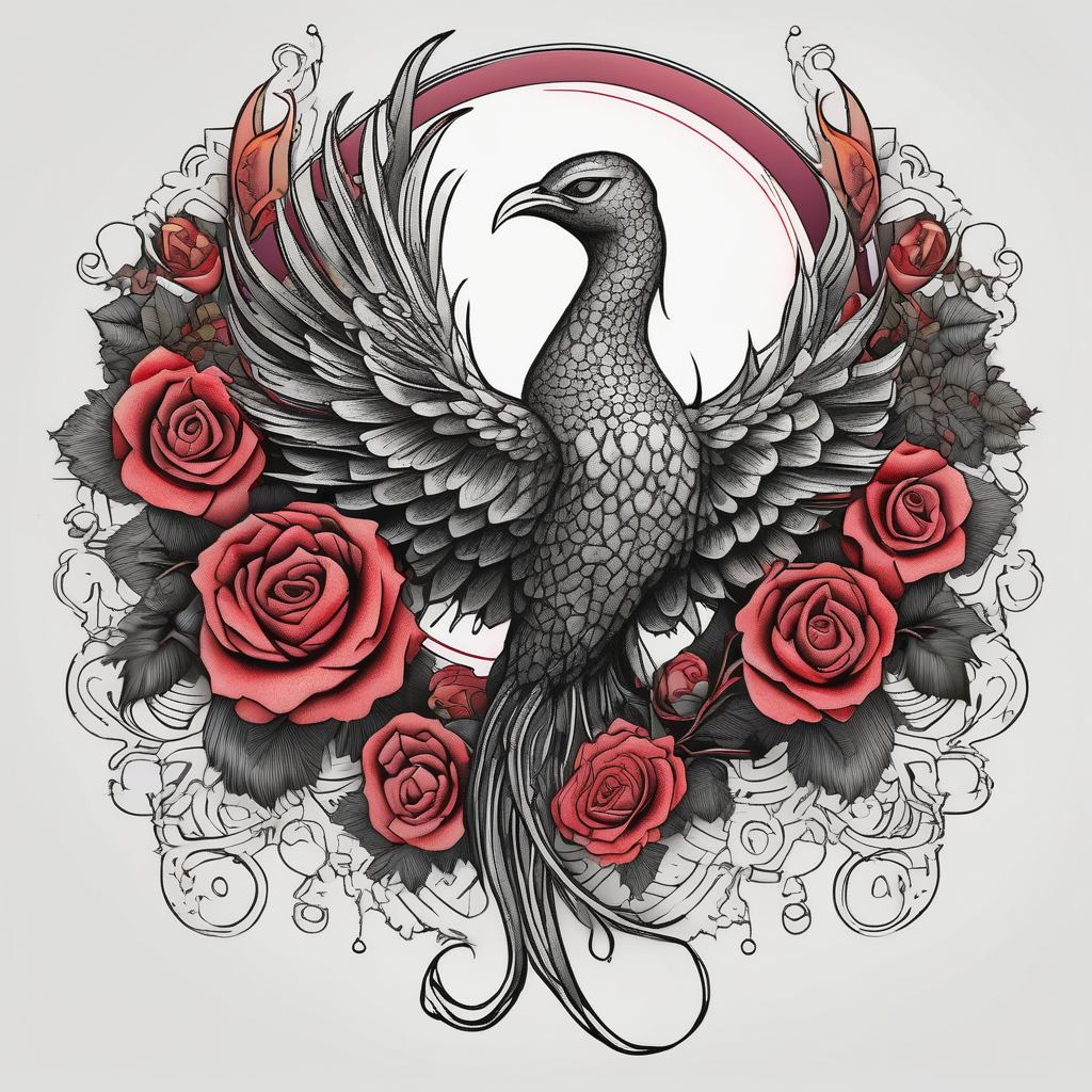 Fenix con rosas y la luna fenix old school(AIが生成したドットワークスタイルのタトゥーデザイン)